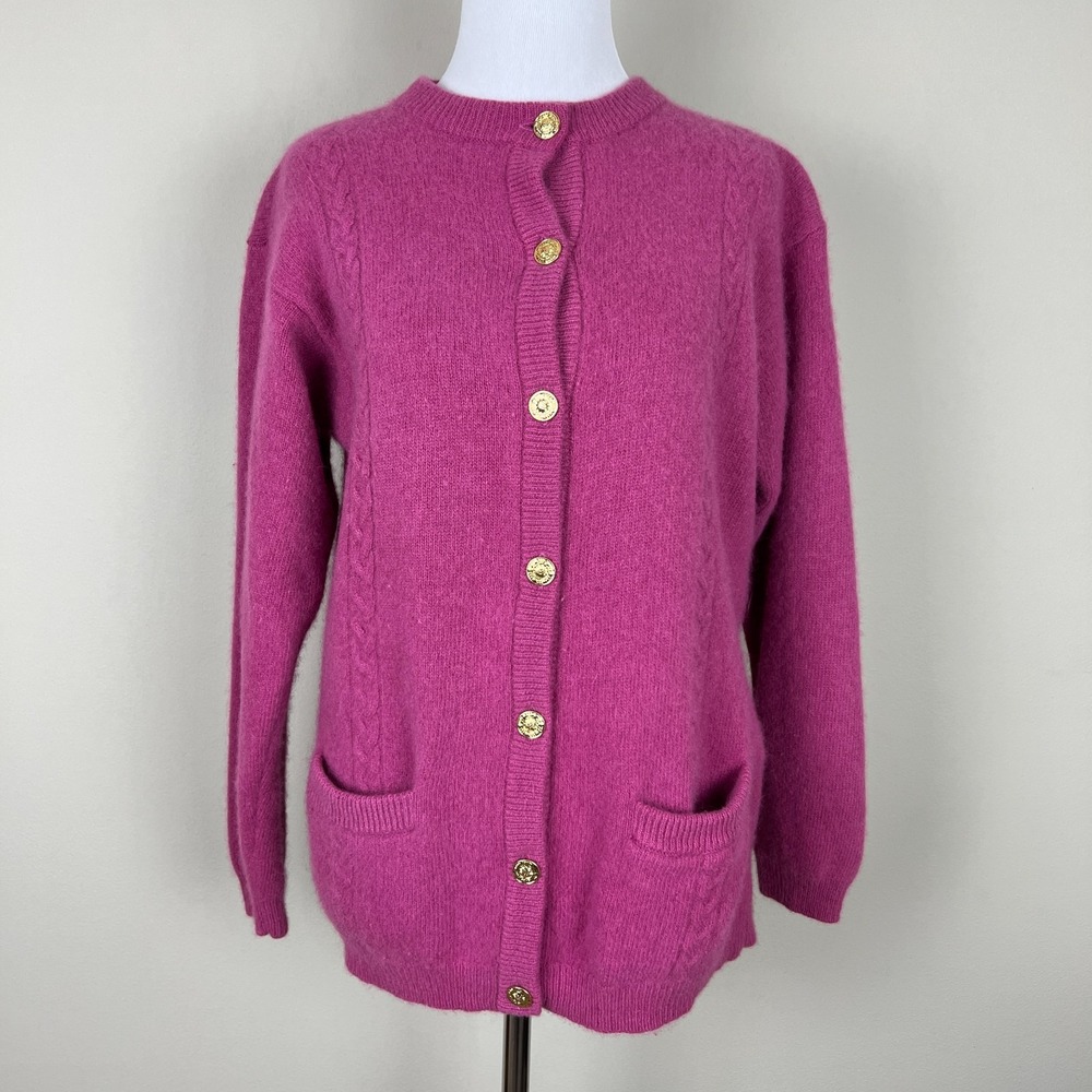 Kilkenny Cardigan Sweater Womens Medium Pink Lambswool Angora Gold Button Up‎ M